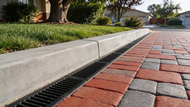 A close-up view of a concrete curb and a drainage grate beside a brick-paved driveway. Green grass and trees are visible in the background.