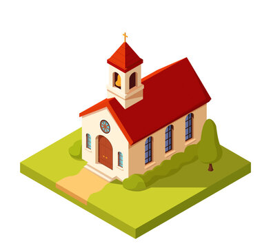 Cartoon isometric Catholic church with a bell tower on a lawn with bushes and trees, vector illustration