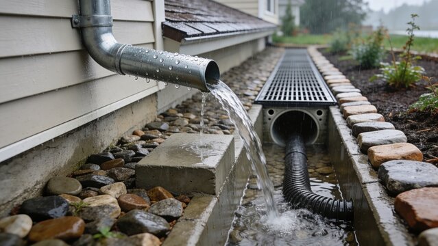 Rainwater drainage system with a downspout and a channel. Water flows from the downspout into the drainage channel, surrounded by stones.