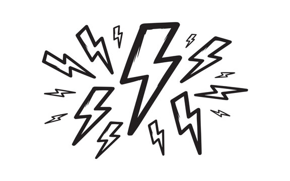 A dynamic collection of hand drawn lightning bolts and jagged flashes perfect for design work on transparent background silhouette