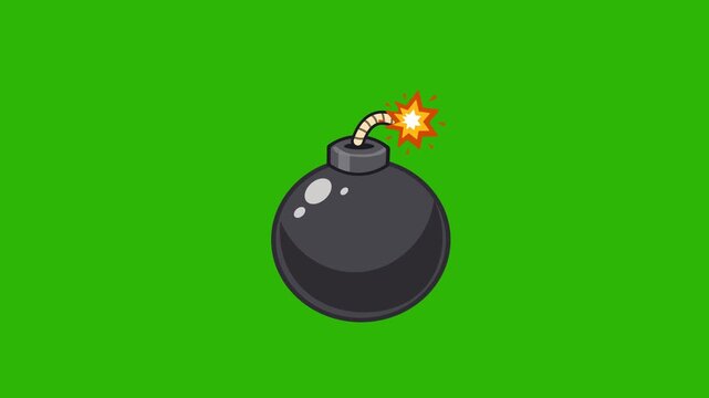 Simple Cartoon Bomb Explosion Animation isolated on Green Screen. Dropping The Classic Round Black Bomb With A Burning Fuse Followed By A Bright Stylized Explosive Burst Transition. Chroma Key 