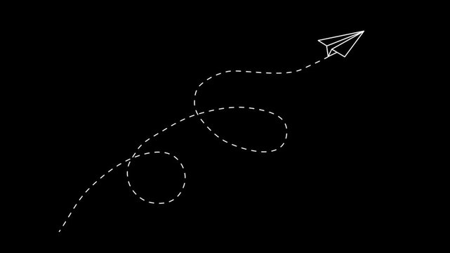 Paper Airplane Flight Path Animation With Curved Dashed Line Minimal Outline Design Isolated on Black and Green Screen. Smooth Circular And Looping Motion. Travel, Navigation  and Storytelling idea