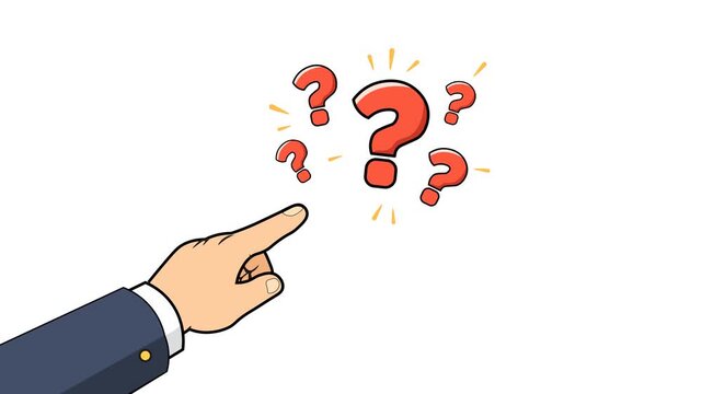Businessman Hand Pointing Toward Multiple Question Marks. Decision Making, Problem Solving, Uncertainty, And Curiosity.  Minimal Flat Animation. 