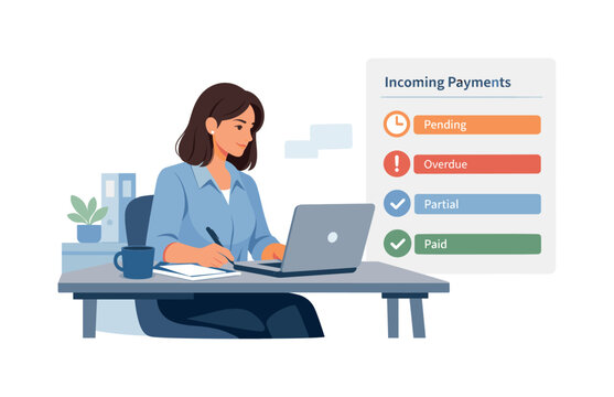 A professional organizing a structured accounts receivable workflow during a focused work session, sitting at a desk with a laptop while monitoring a simple incoming