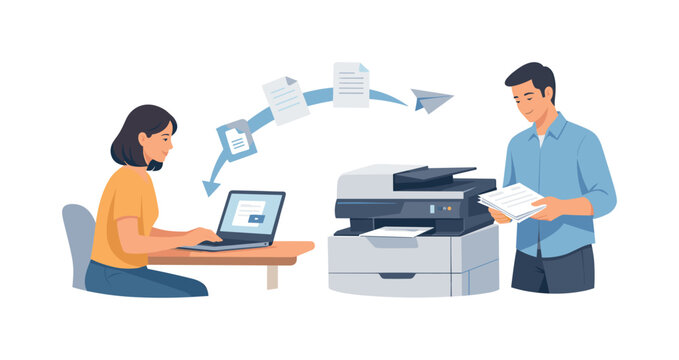 A digital-to-physical workflow moment where a user sends files to print and retrieves finished documents, reflecting integration of technology and everyday office tasks,