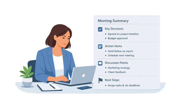 A professional optimizing a clean meeting recap process after a discussion, sitting at a desk with a laptop while summarizing key points into a simple structured notes