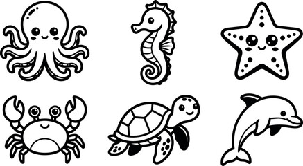 Fototapeta premium Cute black and white line art sea creatures octopus seahorse starfish crab turtle dolphin