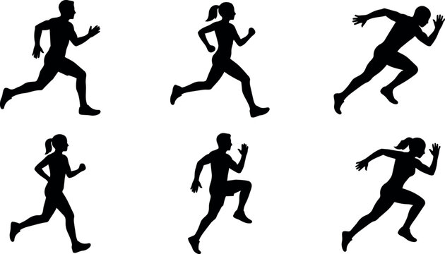 Silhouettes of men and women running in various sprint and jogging poses
