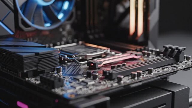 Close-up of a modern computer motherboard with RGB lighting and fan