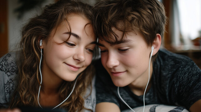 Teenage siblings of different temperaments sharing earbuds and reconciling on a bedroom floor, natural light from a low window, melancholic yet sweet