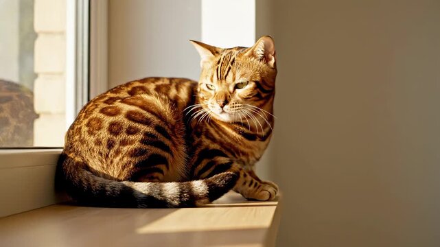 Bengal cat sitting on a wooden windowsill in warm sunlight. Purebred feline resting indoors and looking around with slight tail movement. Domestic pet sunbathing
