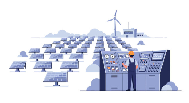 A dedicated male technician operates a sophisticated control console overlooking a massive solar farm and a tall wind turbine under a soft purple horizon.