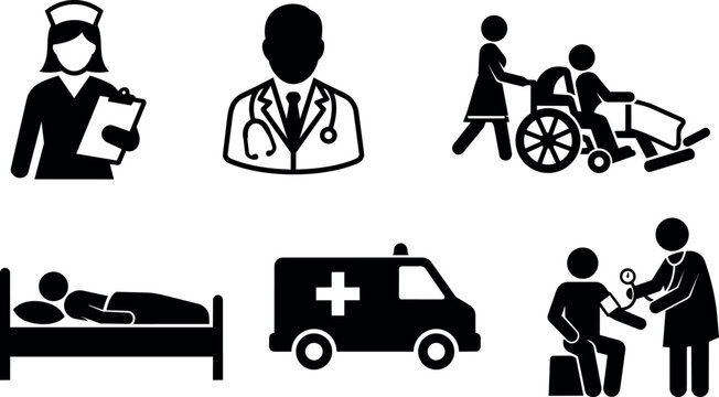 Black and white vector icons of nurse doctor patient bed ambulance and wheelchair care