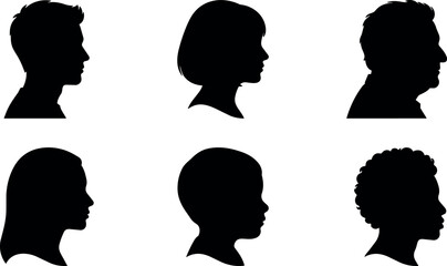 Naklejka premium Silhouettes of diverse male and female human heads in profile vector art