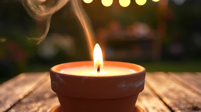 Anti-insect citronella candle burning on a wooden table outdoors. Soft smoke rising and flame flickering in the evening. Slow camera push in with warm bokeh lights in the background