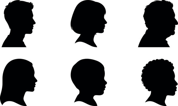Silhouettes of diverse male and female human heads in profile vector art