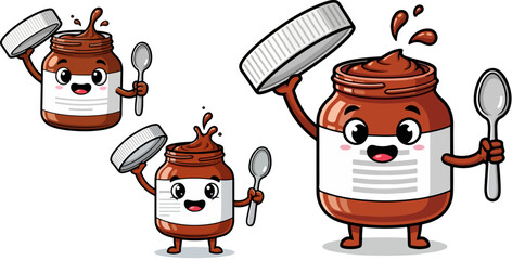Obraz premium Cute chocolate hazelnut spread mascot character set, happy cocoa cream jar cartoon vector, sweet breakfast food illustration with spoon