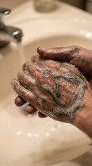 Fototapeta premium Dirty hands covered in grease and soap foam being washed in a sink. Represents hard manual labor and daily cleanup routine. Ideal for industrial safety or hygiene articles.