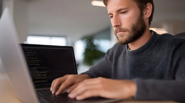 Focused programmer intensely writing code on a laptop in a contemporary well lit indoor setting