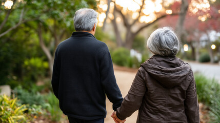 Fototapeta premium Older Latino couple slow-walking through a neighborhood park in spring bloom, hands interlocked, soft golden afternoon light on weathered faces