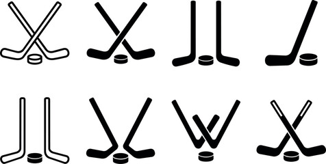 Naklejka premium Black and white line art and solid hockey sticks with puck icons