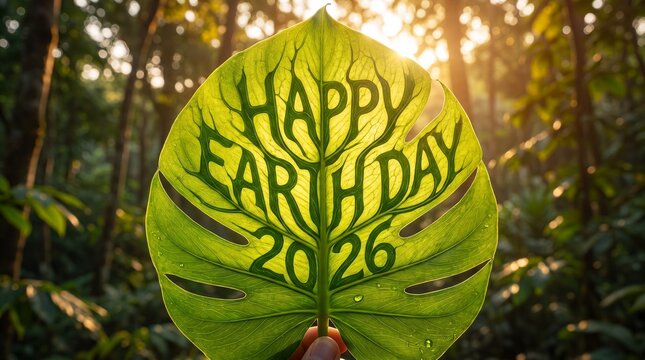 Happy Earth Day 2026 carved into large green tropical leaf in forest, celebration concept, environmental awareness, nature conservation, april 22th