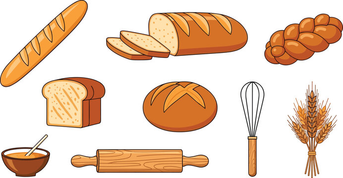 Fresh Artisan Bread Bakery Vector Icon Set with Baguette, Sourdough, Challah, Sliced Loaf, Wheat Ears, Rolling Pin, Whisk, and Flour for Culinary Branding Designs