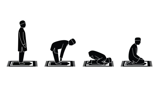 Muslim prayer positions depicted in a stark black silhouette