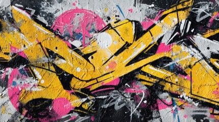 Fototapeta premium Vibrant Graffiti Wall Art with Abstract Yellow and Pink Spray Paint Splatters, Urban Street Art Background Texture on Concrete, Creative Artistic Hip Hop Style Mural for Modern Graphic Designs