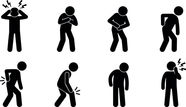 Black silhouettes of eight different body pain and discomfort poses vector art
