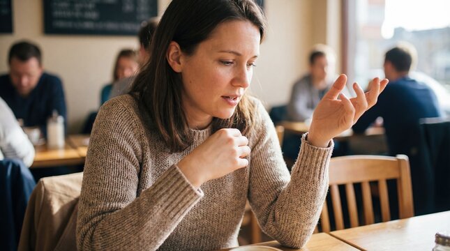 A young Caucasian woman with brown hair sits at a wooden table in a cafe, looking thoughtful. People are visible in the background, engaged in conversation.