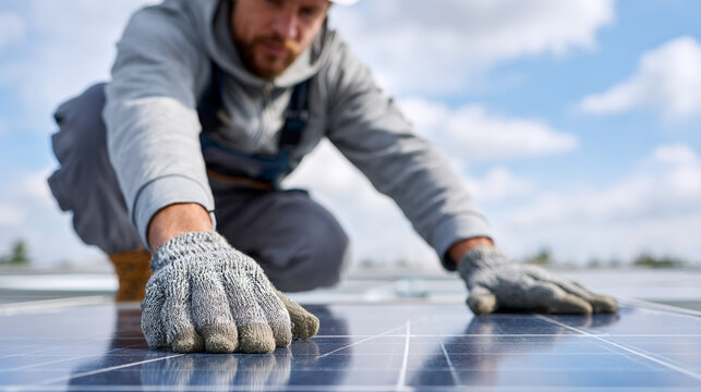 Worker installing solar panel on rooftop under blue sky
