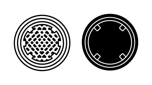 Industrial manhole covers, metal grates, black icons, vector illustrations, infrastructure symbols