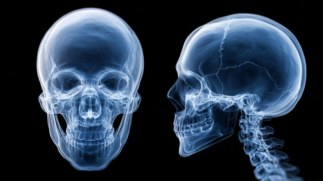 Human skull x ray frontal and side view medical study
