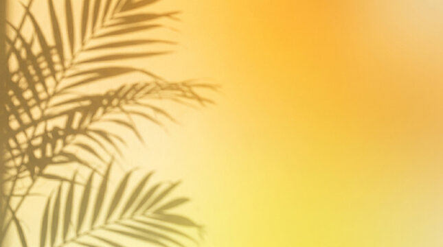Tropical palm leaf shadow on yellow gradient background with copy space for product display