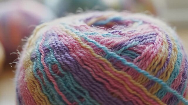 Extreme close-up of a multi-colored pastel yarn ball featuring soft pink, blue, lavender, and yellow fibers wound into a sphere, displaying fuzzy textures and detailed twisted strands.