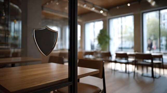 A conceptual shield icon symbolizing cybersecurity displayed on a wooden table in a modern brightly lit cafe interior