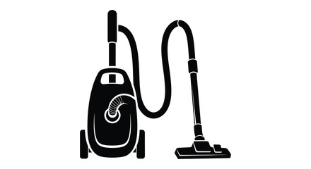 A stark black silhouette depicts a classic upright vacuum cleaner with a long curved hose and cleaning head silhouette © Jahid