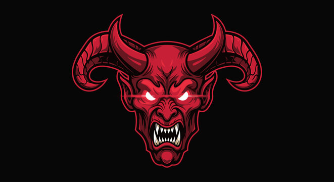 Red devil face with horns and sharp teeth.