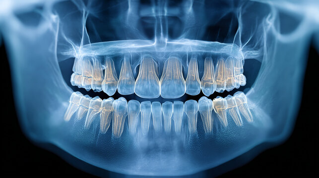 Panoramic dental x ray showing full adult teeth