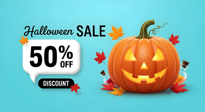 Happy halloween sale 50 off discount festive pumpkin and autumn leaves promotion