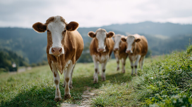 Brown dairy cows walking along grassy mountain pasture path