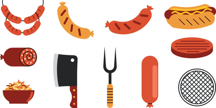 Grilled Sausage and BBQ Meat Vector Icon Set Featuring Hot Dog, Bratwurst, Salami, Burger Patty, Meat Cleaver, Grill Fork, and Barbecue Grate for Deli Menus