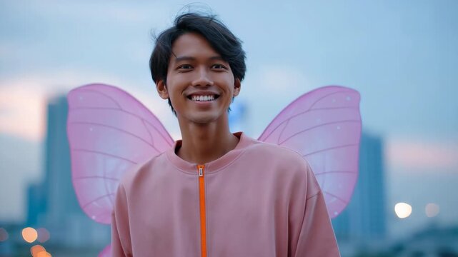 Young asian male pink wings on rooftop at sunset wearing pastel jacket and headphones in urban cityscape