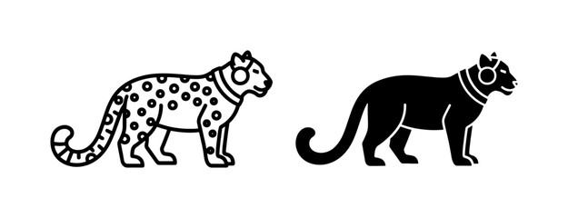 Minimalist leopard vector icons, black and white wild cat silhouettes, stylized cheetah and panther line art set for branding and logo design © Farid