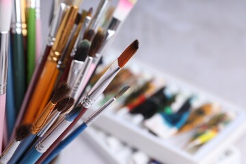 Different paint brushes on blurred background, closeup. Space for text