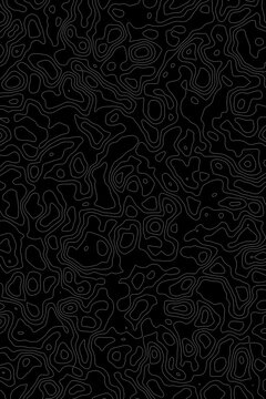 Abstract black topographic map with flowing lines and organic shapes