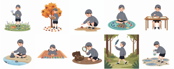 Cute boy cartoon character set exploring nature and engaging in various indoor and outdoor hobbies and collection activities © Haimura