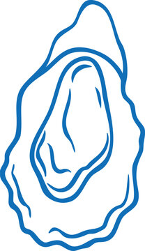 Oyster in shell blue line art, vector mussel clam seafood, ocean animal for cooking, Mediterranean dish sea menu
