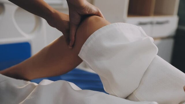 Doctor examining leg of female patient in examination room